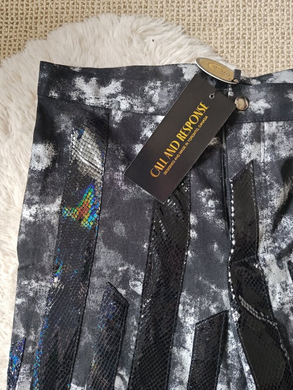 Striped white and black with iridescent leather accents by Call And Respons, NWT